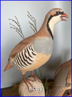 Signed Vintage Perry B PB Holley Hand Carved Wood Pair of Chukar Birds 1979