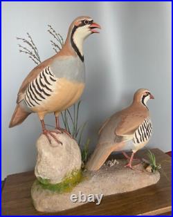 Signed Vintage Perry B PB Holley Hand Carved Wood Pair of Chukar Birds 1979