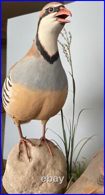 Signed Vintage Perry B PB Holley Hand Carved Wood Pair of Chukar Birds 1979