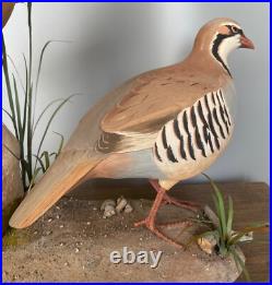 Signed Vintage Perry B PB Holley Hand Carved Wood Pair of Chukar Birds 1979