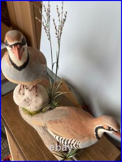 Signed Vintage Perry B PB Holley Hand Carved Wood Pair of Chukar Birds 1979