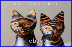 So Cute! Mexican Folk Art Cat Sculptures Vtg Wood Pair Figurine MID Century 50's