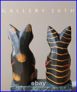 So Cute! Mexican Folk Art Cat Sculptures Vtg Wood Pair Figurine MID Century 50's