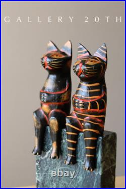 So Cute! Mexican Folk Art Cat Sculptures Vtg Wood Pair Figurine MID Century 50's