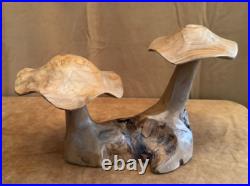 Solid Wood carving pair mushrooms handmade art figure sculpture vintage 6x9x15
