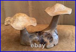 Solid Wood carving pair mushrooms handmade art figure sculpture vintage 6x9x15