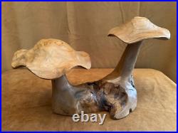 Solid Wood carving pair mushrooms handmade art figure sculpture vintage 6x9x15