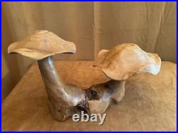 Solid Wood carving pair mushrooms handmade art figure sculpture vintage 6x9x15
