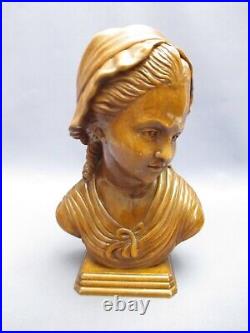 Statue Carved Wood Bust Girl Sculpture Handcraft Vintage Years'60