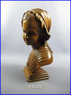 Statue Carved Wood Bust Girl Sculpture Handcraft Vintage Years'60