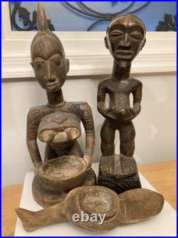 Statue Wood Africa Sculpture African Tribal Art kneeling female-Male vintage x 3