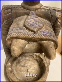 Statue Wood Africa Sculpture African Tribal Art kneeling female-Male vintage x 3