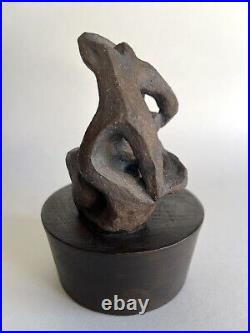 Stoneware ceramic abstract family sculpture mounted on wood base Vtg 1970s