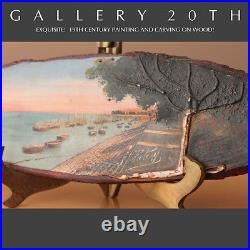 Stunning! 19th Century Harbor Painting Wood Carving! Vtg Orig. Art Oil Sculpture