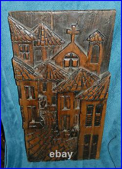 Stunning Antique/vintage Large Wood Carving, Relief, City Scene Rough Hewn Cedar