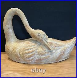 Swan Art Sculpture Decor Carved Light Wood 18 Inch Long Vintage Hollow Bird Read