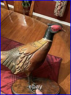 TOM TABER Wooden Carved Ringneck Pheasant Signed Early Decoy Sculpture Statue
