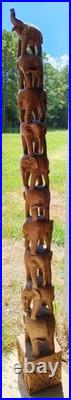Tall 74'' Vintage hand-carved wooden 10 elephants totem pole or tower sculpture