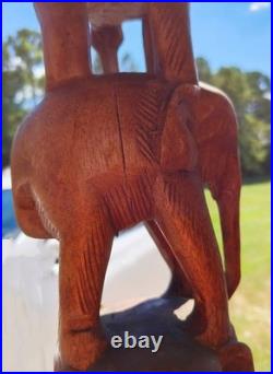 Tall 74'' Vintage hand-carved wooden 10 elephants totem pole or tower sculpture