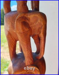 Tall 74'' Vintage hand-carved wooden 10 elephants totem pole or tower sculpture