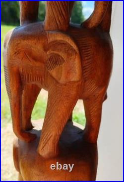Tall 74'' Vintage hand-carved wooden 10 elephants totem pole or tower sculpture