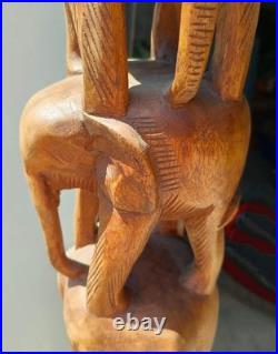 Tall 74'' Vintage hand-carved wooden 10 elephants totem pole or tower sculpture