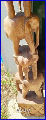 Tall 74'' Vintage hand-carved wooden 10 elephants totem pole or tower sculpture