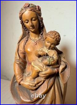 Tall vintage hand carved painted Italian wood Mary baby Jesus sculpture statue