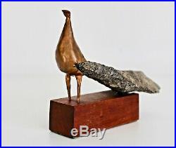 Toms Vtg Mid Century Modern Copper Metal Stone Wood Peacock Table Sculpture