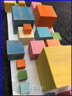 Unique Vintage Colored Wooden Cubes Abstract Sculpture Art Mid Century Modern