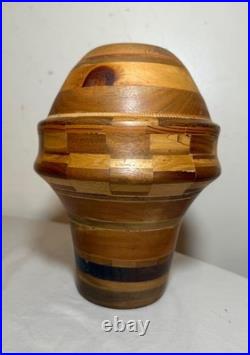 Unusual vintage handmade modernist turned natural wood artisan vase sculpture