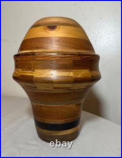 Unusual vintage handmade modernist turned natural wood artisan vase sculpture