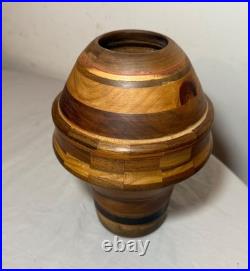 Unusual vintage handmade modernist turned natural wood artisan vase sculpture