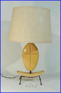 VINTAGE 1950s MODERNIST IRON WOOD SCULPTURAL ABSTRACT TABLE LAMP LIGHT