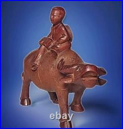 VINTAGE CHINESE ROSEWOOD BOY ON WATER BUFFALO CARVED WOOD SCULPTURE 6½x6¾
