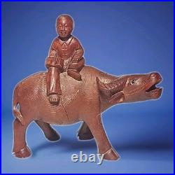 VINTAGE CHINESE ROSEWOOD BOY ON WATER BUFFALO CARVED WOOD SCULPTURE 6½x6¾