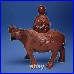 VINTAGE CHINESE ROSEWOOD BOY ON WATER BUFFALO CARVED WOOD SCULPTURE 6½x6¾