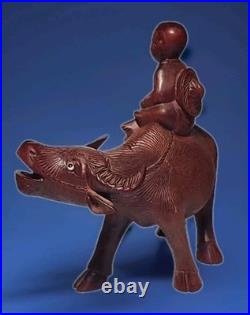 VINTAGE CHINESE ROSEWOOD BOY ON WATER BUFFALO CARVED WOOD SCULPTURE 6½x6¾