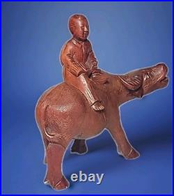 VINTAGE CHINESE ROSEWOOD BOY ON WATER BUFFALO CARVED WOOD SCULPTURE 6½x6¾