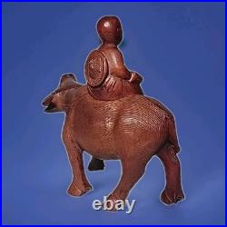 VINTAGE CHINESE ROSEWOOD BOY ON WATER BUFFALO CARVED WOOD SCULPTURE 6½x6¾