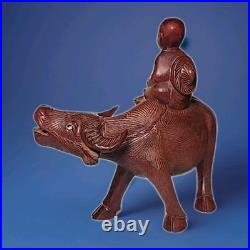 VINTAGE CHINESE ROSEWOOD BOY ON WATER BUFFALO CARVED WOOD SCULPTURE 6½x6¾