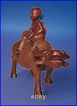 VINTAGE CHINESE ROSEWOOD BOY ON WATER BUFFALO CARVED WOOD SCULPTURE 6½x6¾