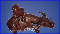 VINTAGE CHINESE ROSEWOOD BOY ON WATER BUFFALO CARVED WOOD SCULPTURE 6½x6¾