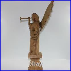 VINTAGE HAND CARVED WOODEN ANGEL SCULPTURE With WINGS SPREAD & TRUMPET Christmas