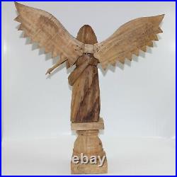 VINTAGE HAND CARVED WOODEN ANGEL SCULPTURE With WINGS SPREAD & TRUMPET Christmas