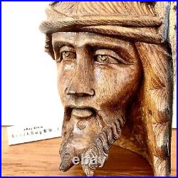 VINTAGE JESUS CHRIST Wood Hand Carved Sculpture Folk Art Bust Catholic Lg RARE