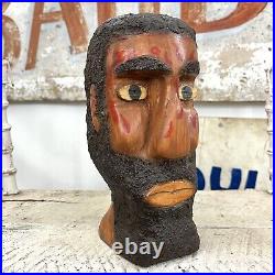 VINTAGE Man HEAD SCULPTURE Carved wood Art Studio Folk PRIMITIVE BUST