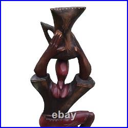 VINTAGE ROSE WOOD HAND CARVED AFRICAN SCULPTURE Carrying Pitcher SIGNED EUC