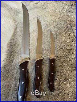 VTG 3-Piece BUCK USA Kitchen Knives Set Trio Carving Knife Wood Handles & Case