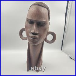 VTG African Bust Hand Carved Wood Sculpture Tribal Head Wooden 1979 (Signed Art)